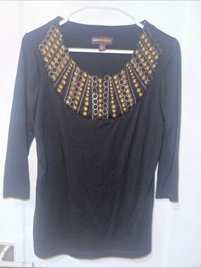Dana Buchman Black Long Sleeve Top with Gold Beaded Collar